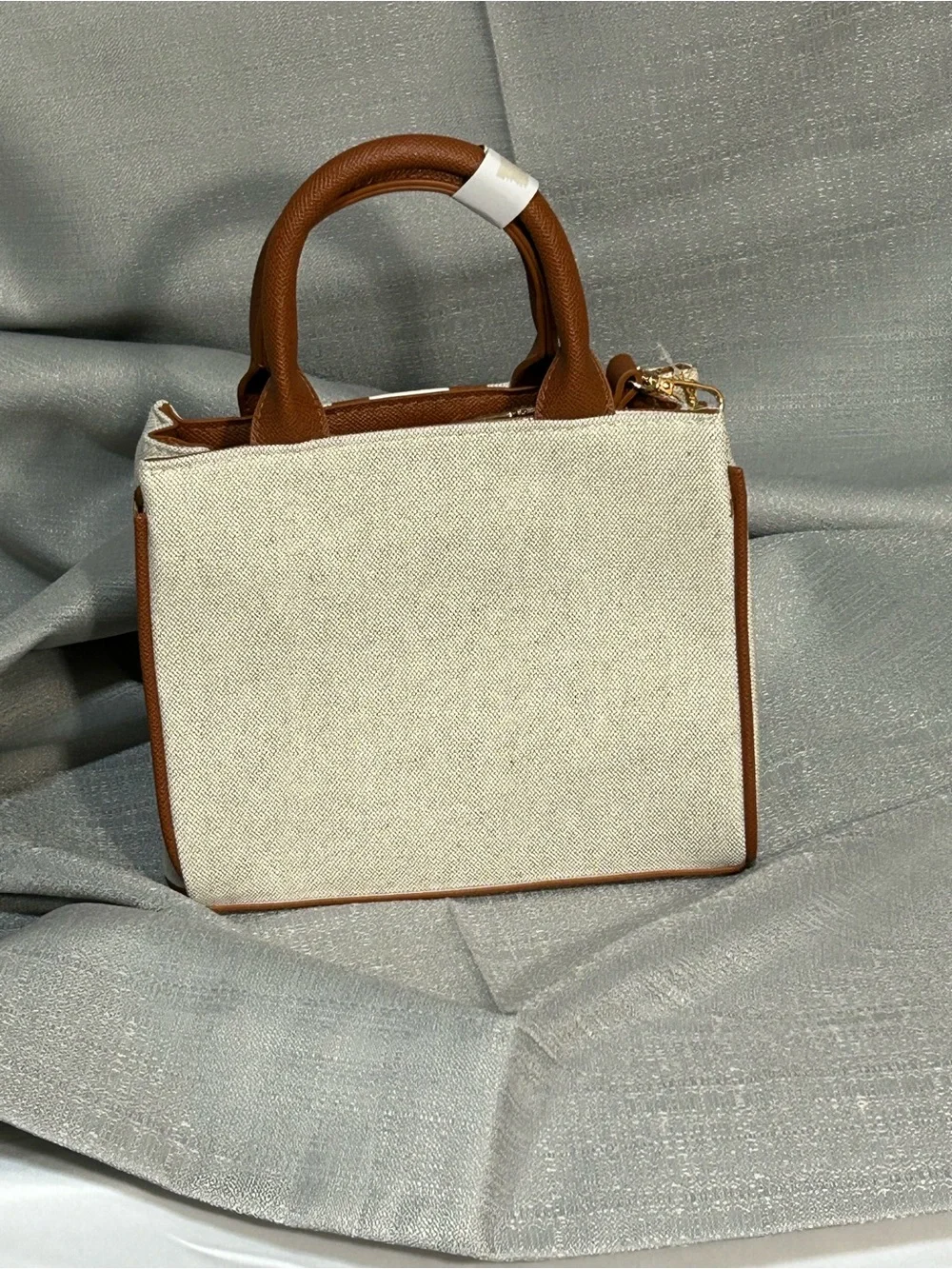 bebe Paisley Mini Canvas Satchel Crossbody Caramel/Cream & Tan with Tan Trim